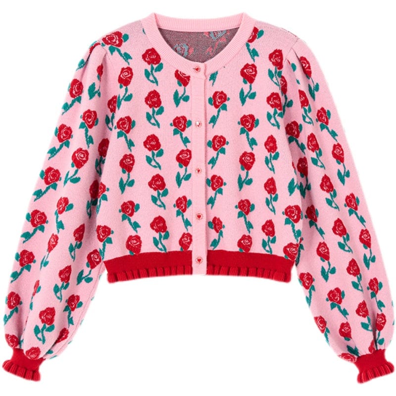 Pink Kawaii Women's Ruffled Rose Knitted Cardigan