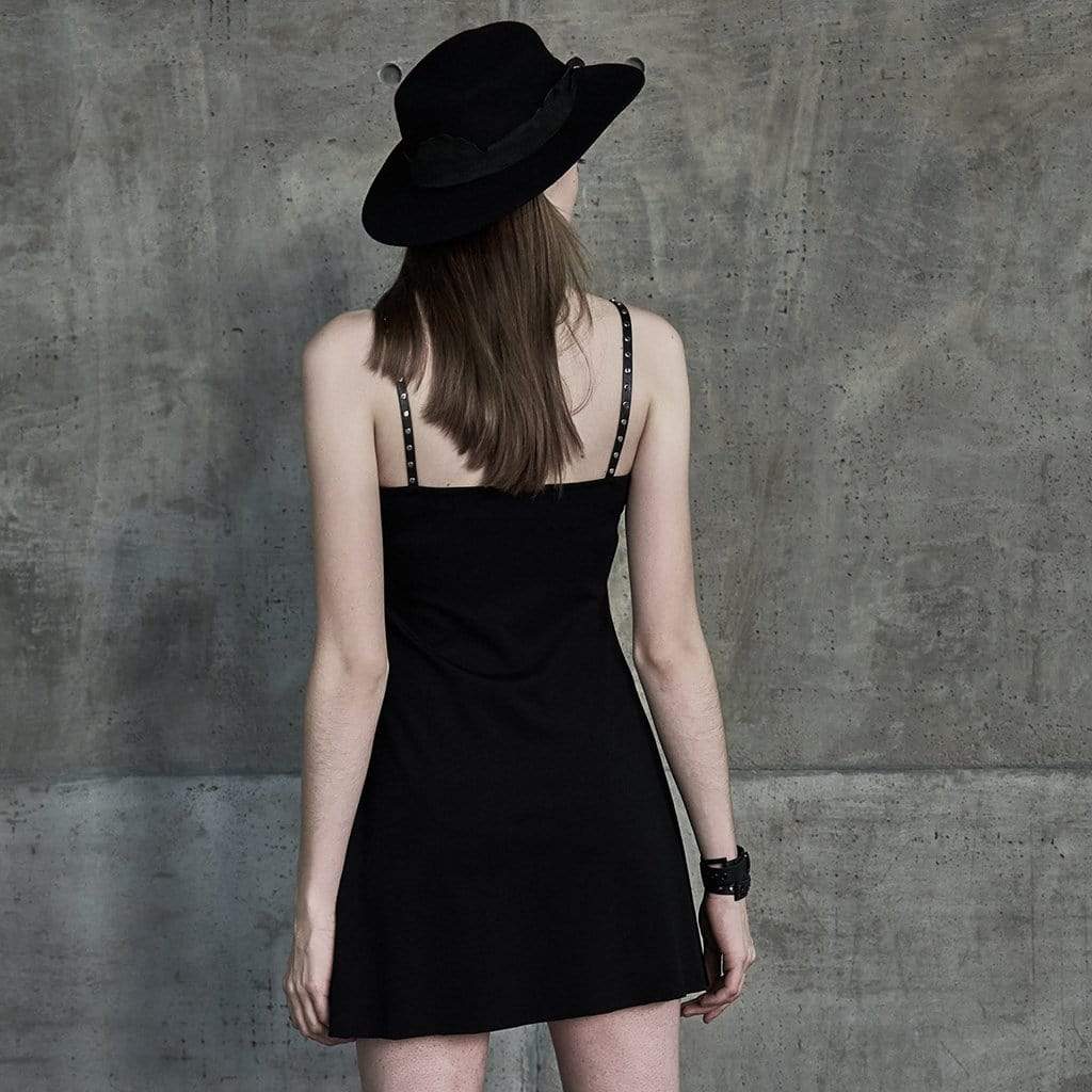 PR-A Women's Adjustable Strapes Heart Pattern Black Little Dresses