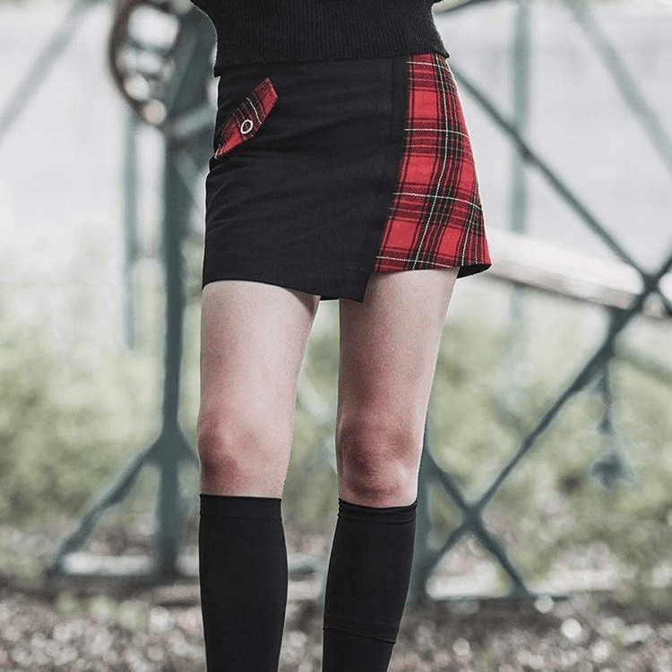 Women's Double-colored Irregular Hem Skinny Plaid Skirt