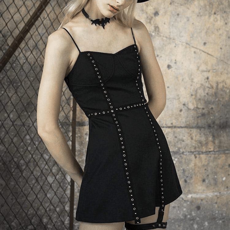Women's Goth Black Slip Dress With Leg Ring