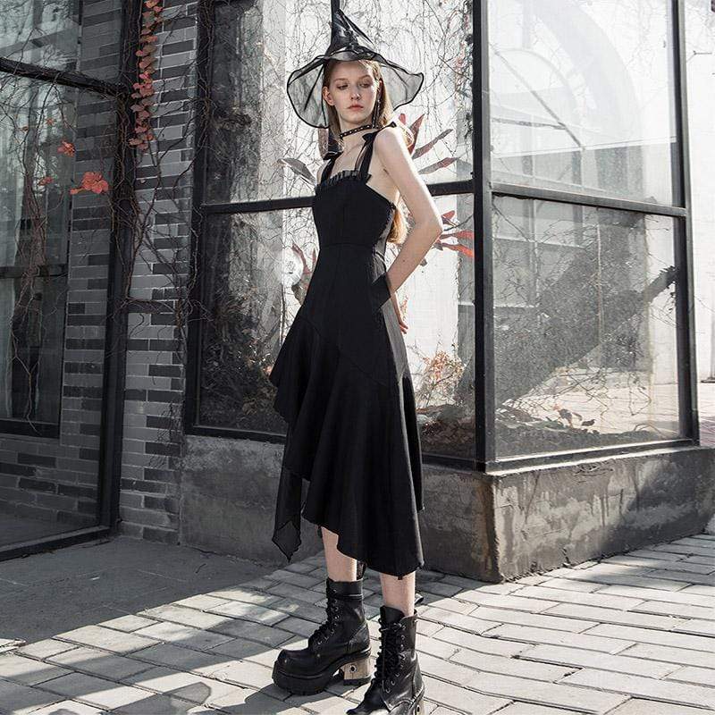 Women's Goth Cross Straps Iregular Hem Chiffon Maxi Dresses