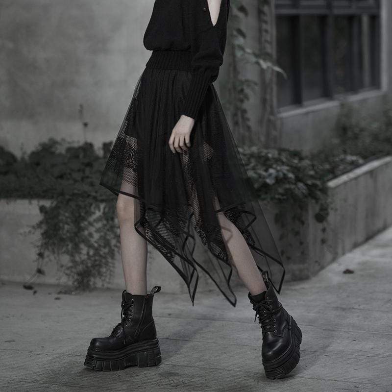 Women's Goth Floral Lace Mesh Irrgular Maxi Skirt – Punk Design