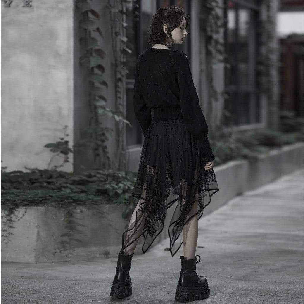 Women's Goth Floral Lace Mesh Irrgular Maxi Skirt