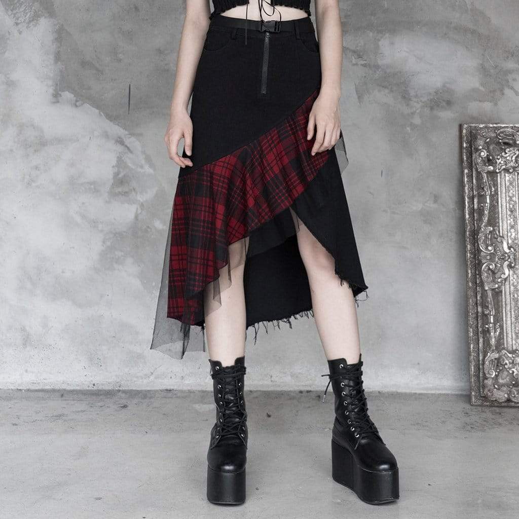 Women's Goth Front Zip High-waisted Plaid Irregular Skirt