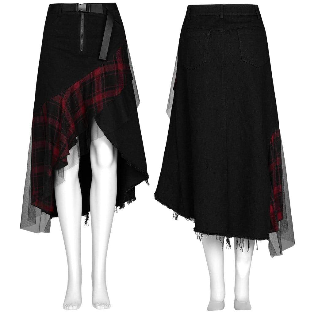 Women's Goth Front Zip High-waisted Plaid Irregular Skirt