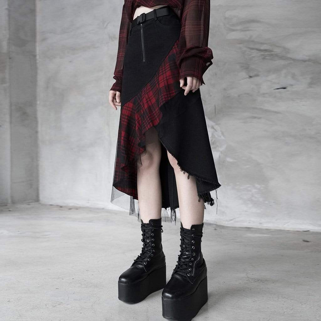 Women's Goth Front Zip High-waisted Plaid Irregular Skirt