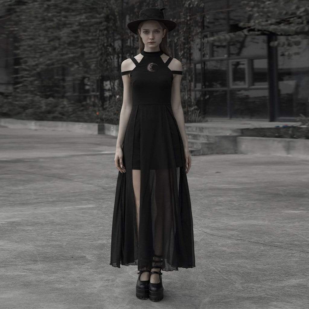 Women's Goth Halter Drop Shoulder Layered Dress
