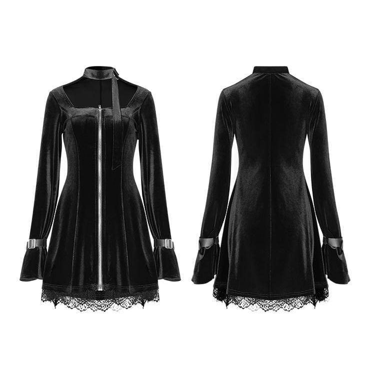 Women's Goth Halterneck Font Zip Flare Sleeved Velet Dress