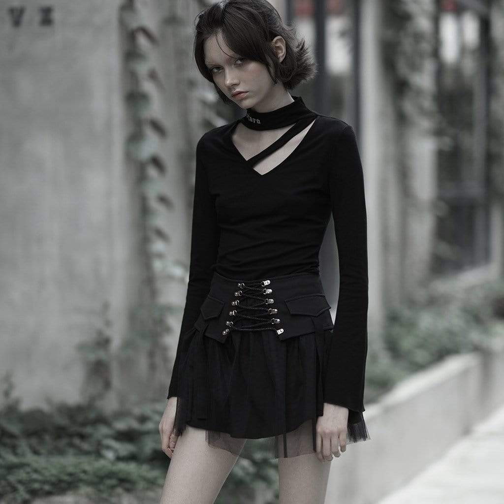 PR-A Women's Goth High-waisted Lacing Multi-layered Mesh Skirts
