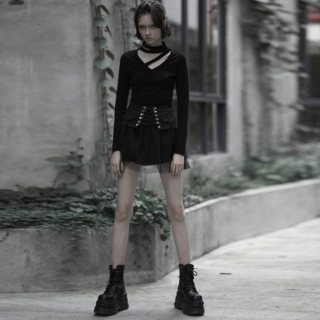 PR-A Women's Goth High-waisted Lacing Multi-layered Mesh Skirts