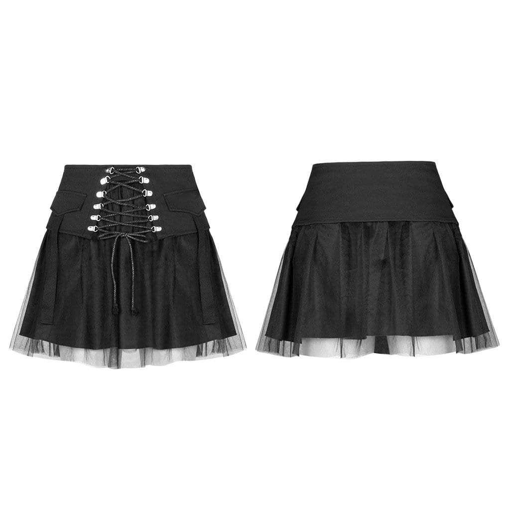 PR-A Women's Goth High-waisted Lacing Multi-layered Mesh Skirts