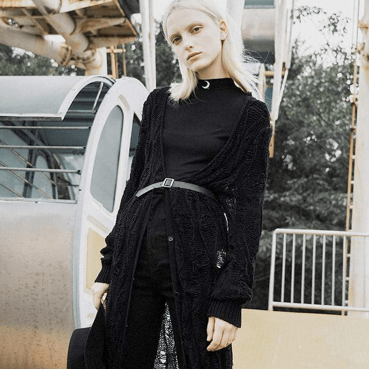 PR-A Women's Goth Hollow Casual Long Cardigan With Belt