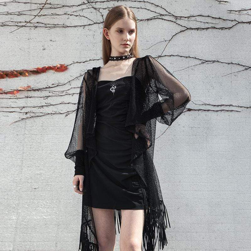 Women's Goth Hooded Mesh Sheer Long Jackets with Tassels