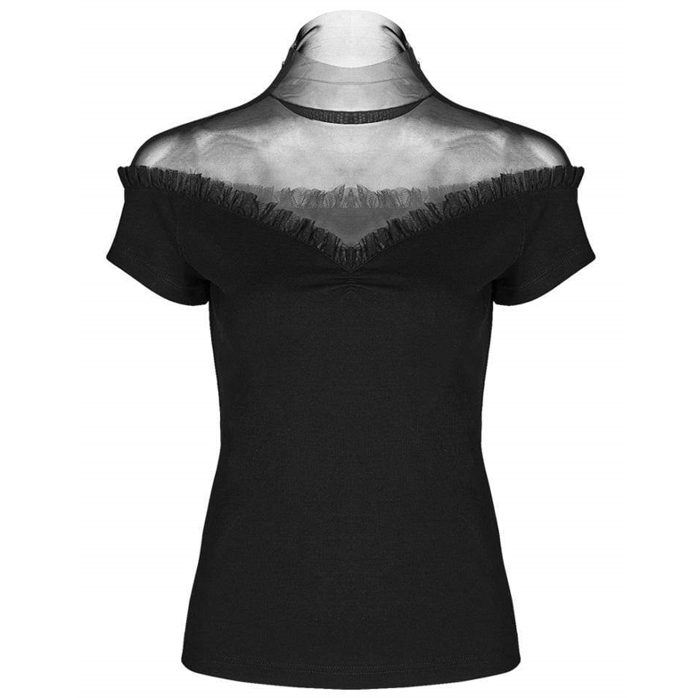 Women's Goth Mesh Frilled Fitted Black T-shirt