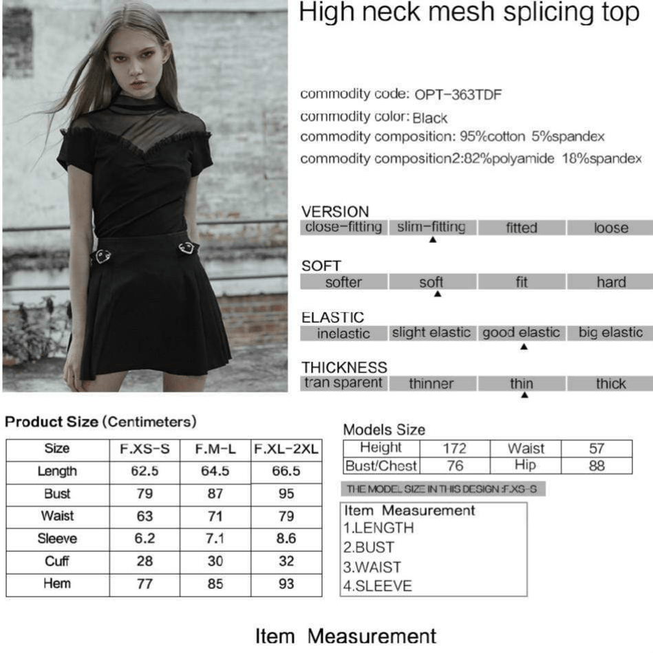 Women's Goth Mesh Frilled Fitted Black T-shirt