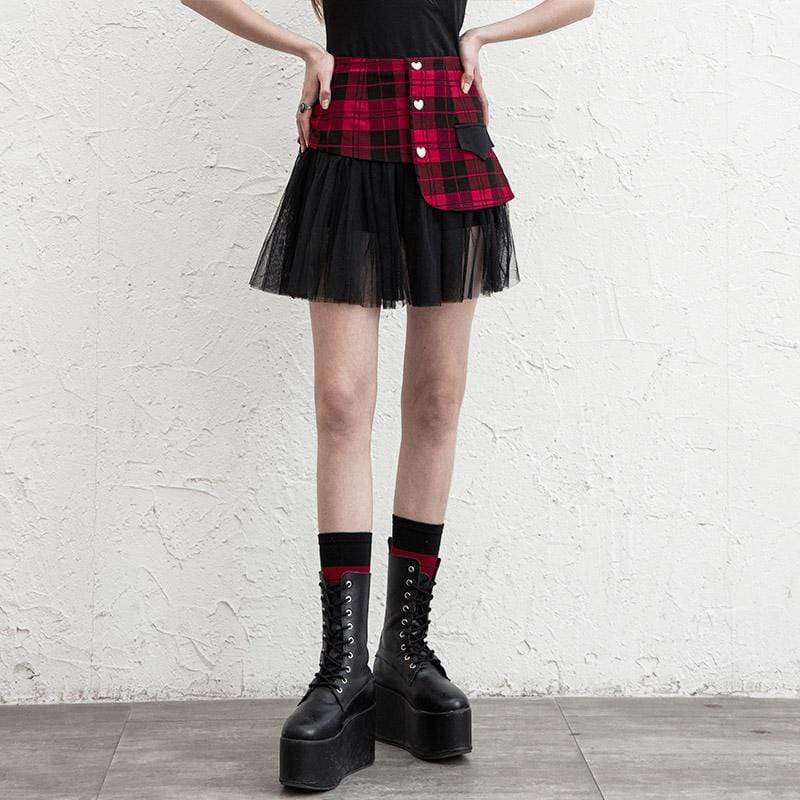 Women's Goth Mesh Irregular Plaid A-line Skirts