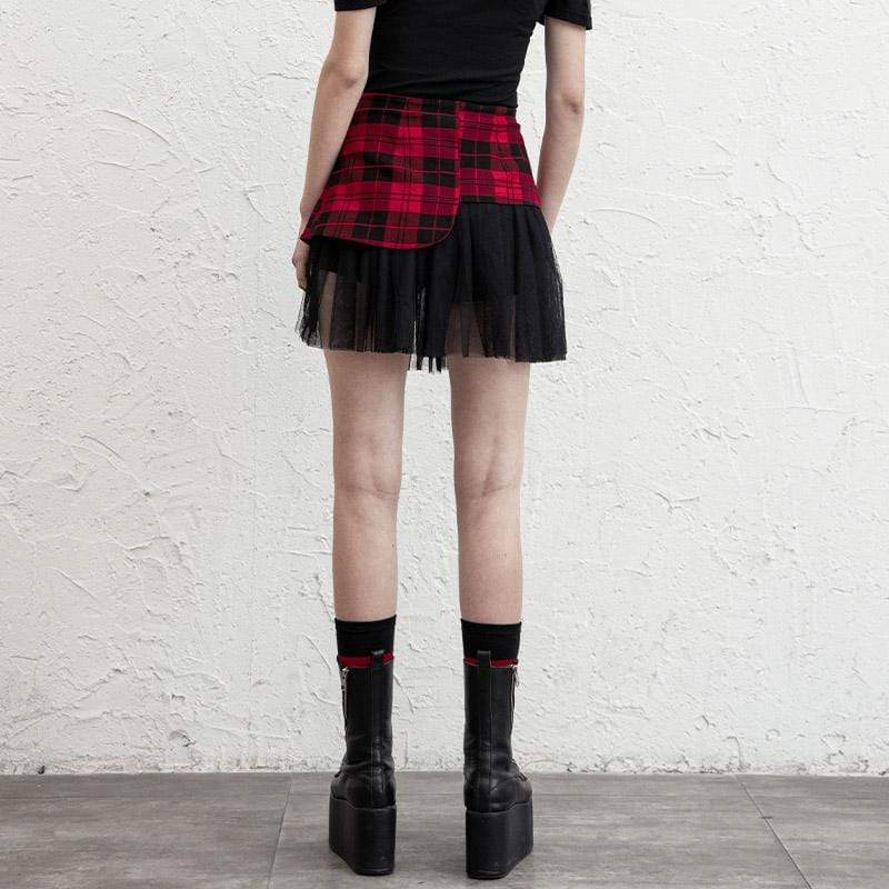 Women's Goth Mesh Irregular Plaid A-line Skirts