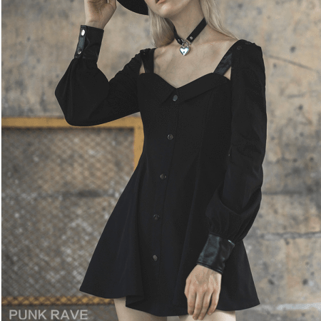 PR-A Women's Goth Off Shoulder Front Buttons Long Sleeved Little Black Dress