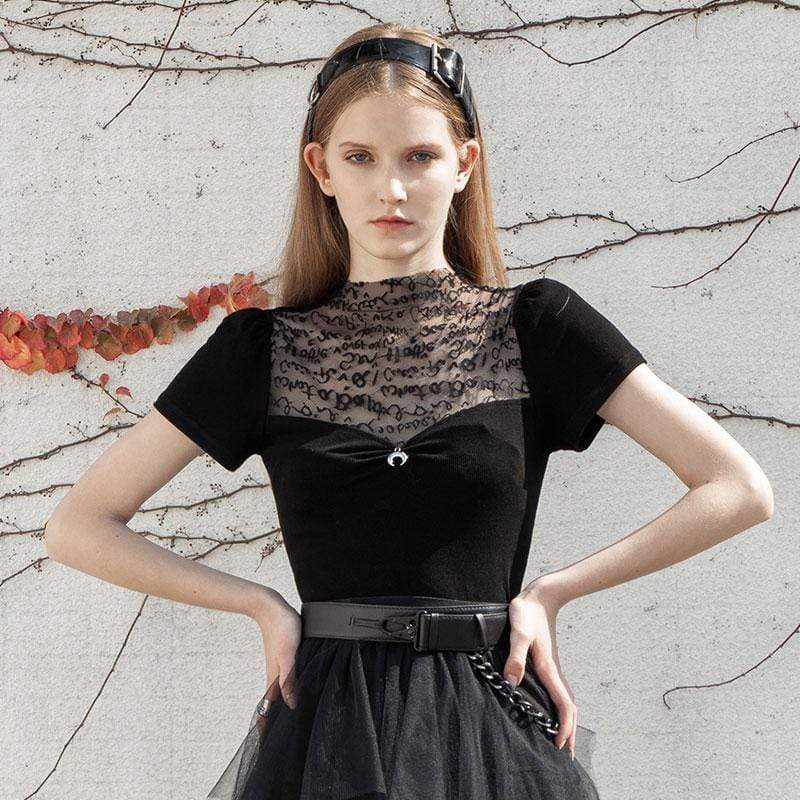 Women's Goth Short Sleeved Black Lace Tops