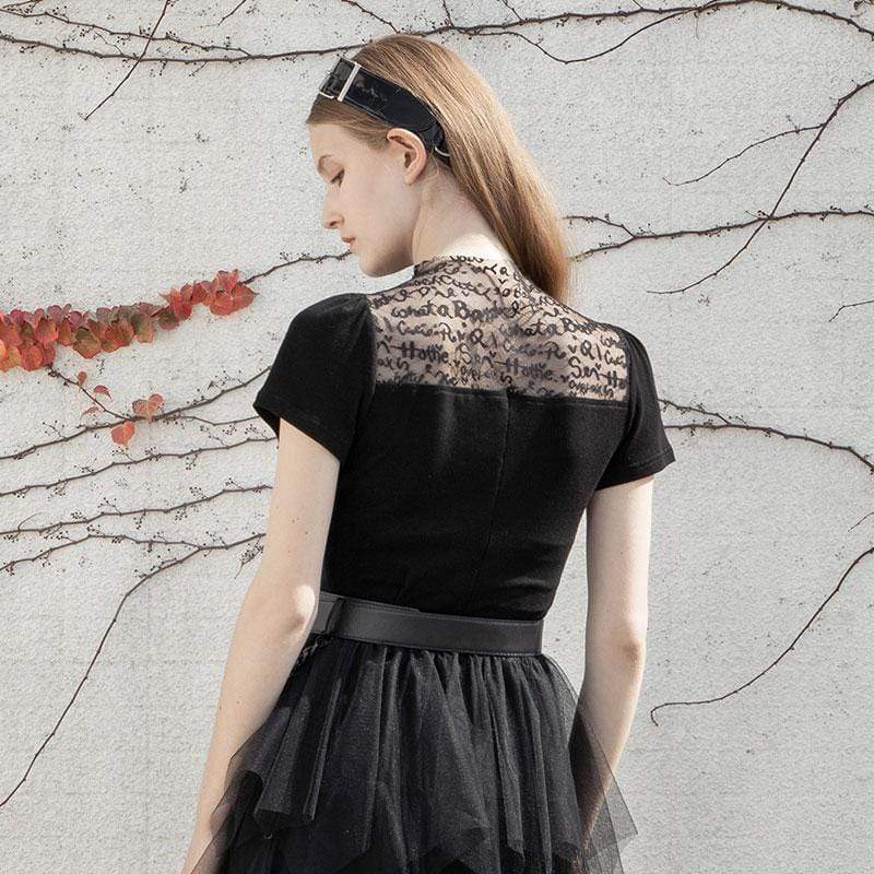 Women's Goth Short Sleeved Black Lace Tops