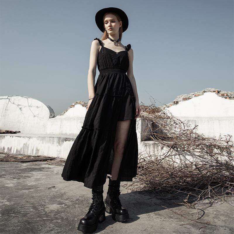 Women's Goth Side Slit Ruffles Maxi Dresses