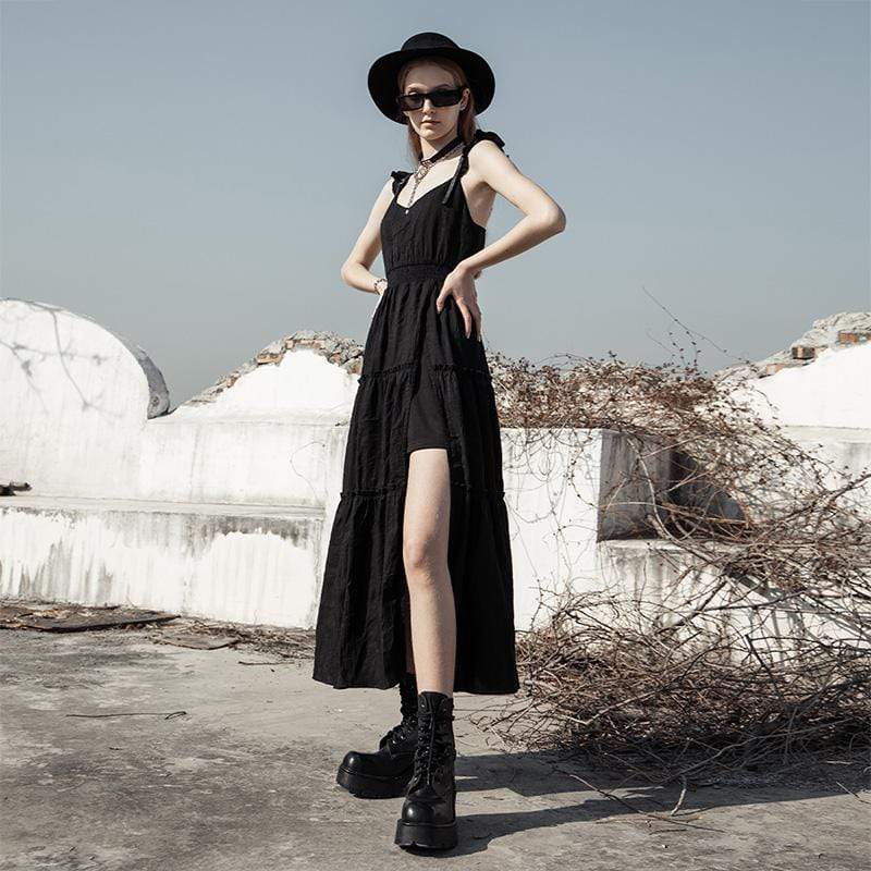 Women's Goth Side Slit Ruffles Maxi Dresses