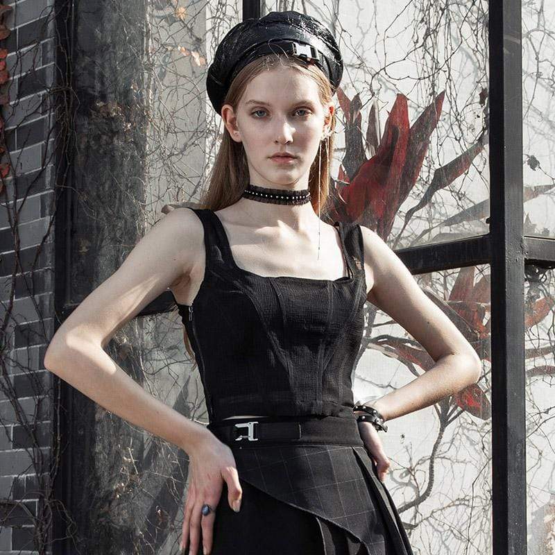 Women's Goth Strap Slim-fitted Crop Tops Black