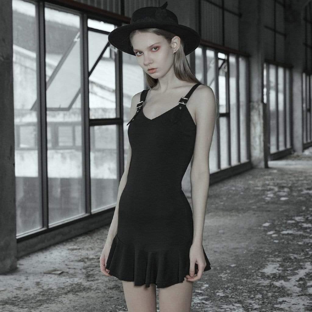 Women's Goth Strappy Slim Fitted Black Little Dress
