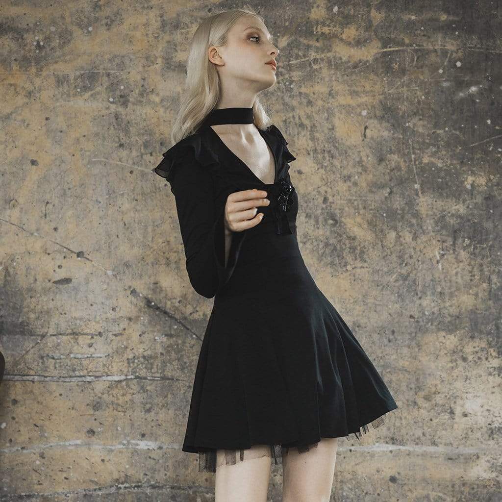Women's Goth V-neck Flounced Black Little Dress