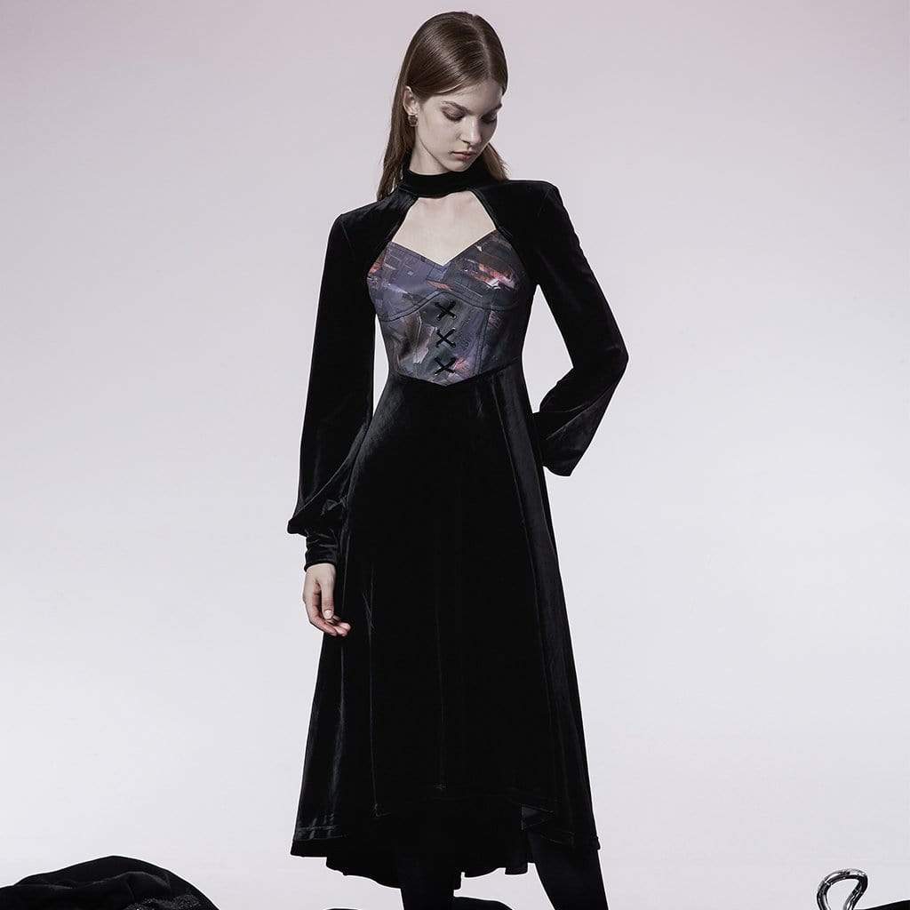 Women's Gothic Cutout Splice Velvet Long Dress