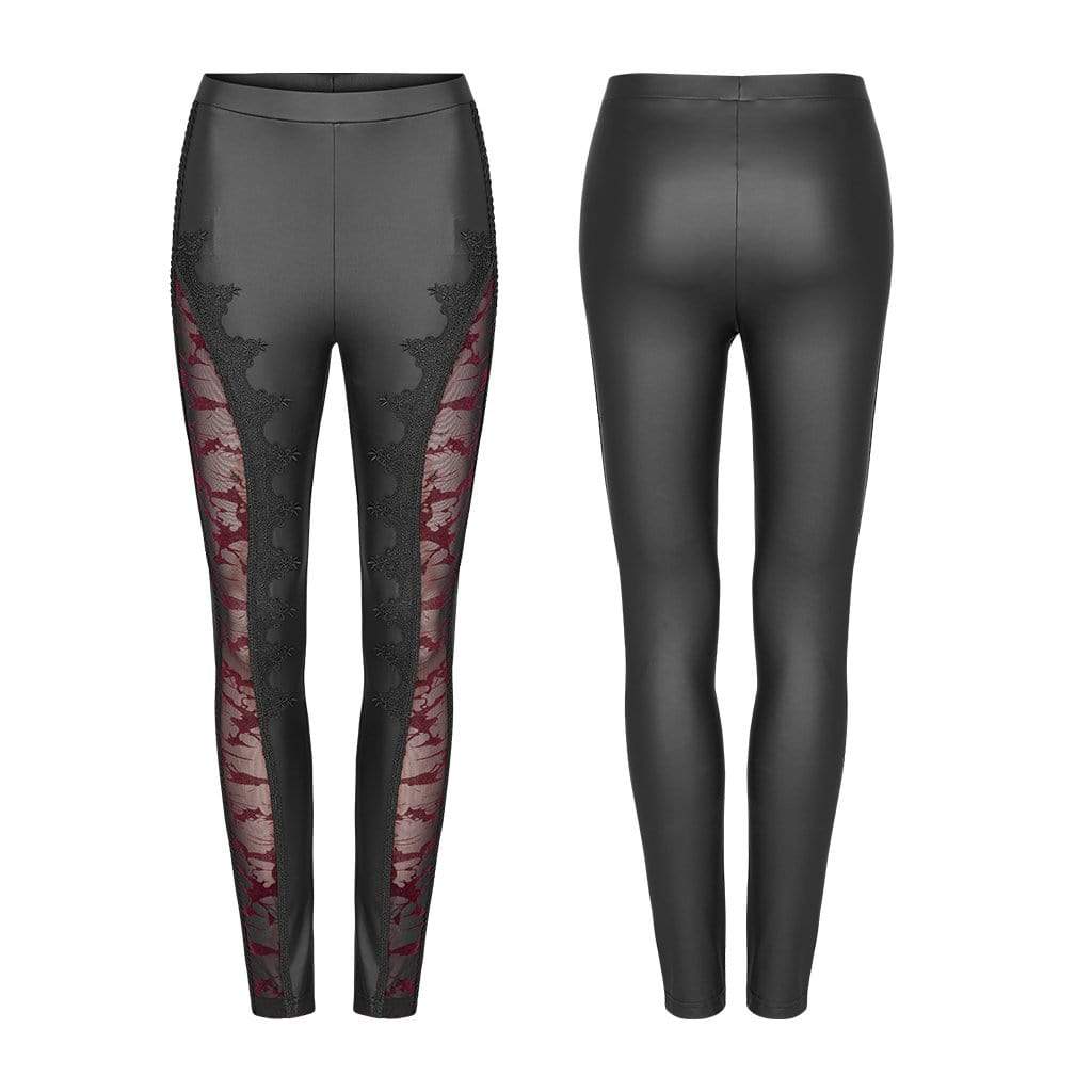 Women's Gothic Floral Sheer Faux Leather Leggings