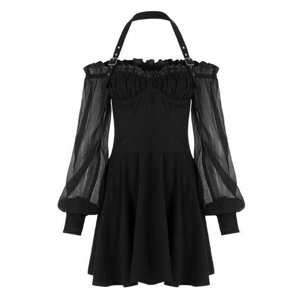 Women's Gothic Halter Bubble Sleeved Ruffled A-line Dresses