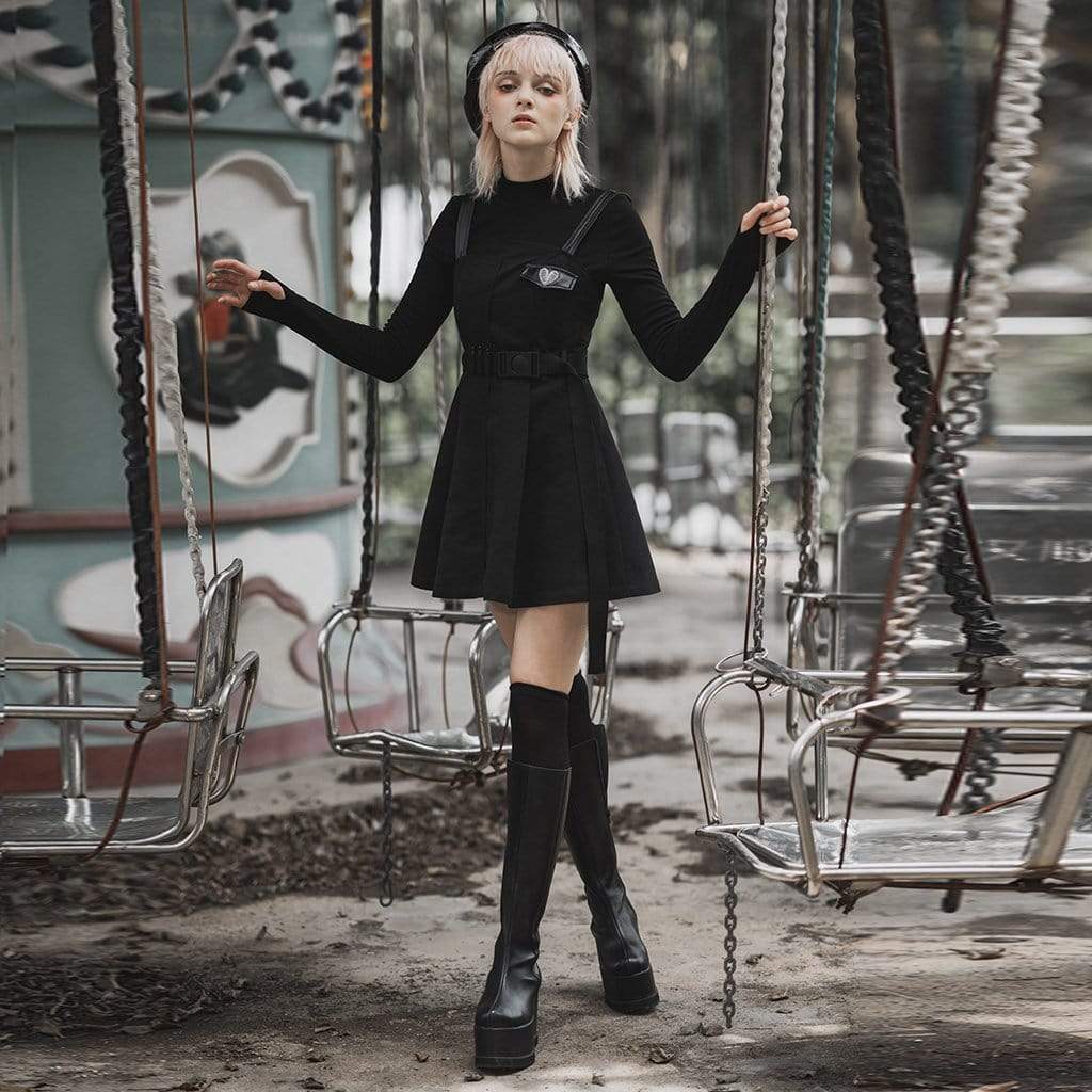 Women's Gothic Heart Embroidered Appliques Suspender Dresses With Belt