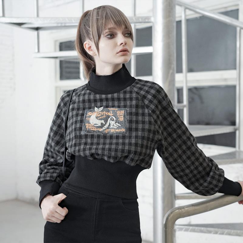 Women's Gothic High Collar Plaid Short Sweatshirts