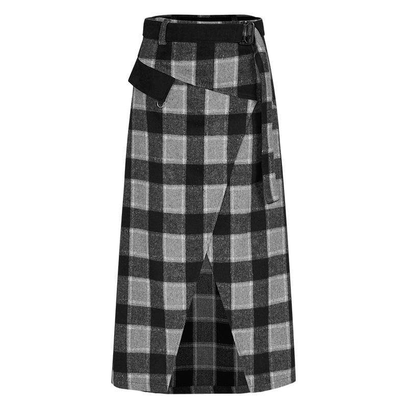 Women's Gothic High-waisted Plaid Slit Long Skirts