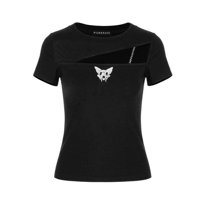 Women's Gothic Hollow-out Cat Skull Embroidered T-shirts