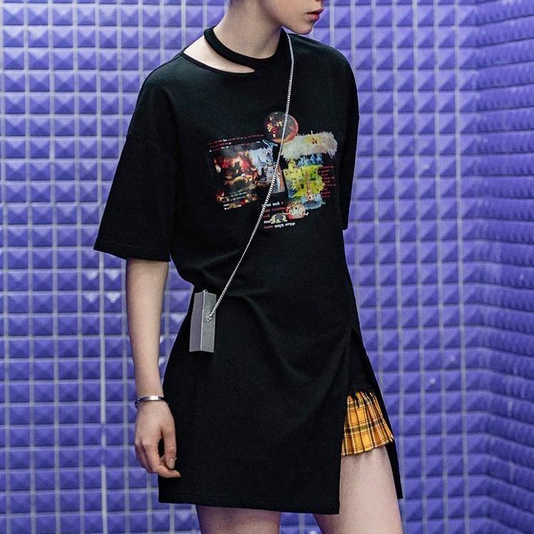 Women's Gothic Irregular Collar Long T-shirts Dresses With Belt