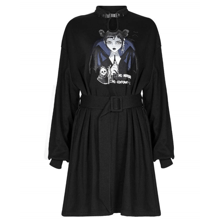 Women's Gothic Long Sleeved Devil Doll Printed Dresses With Belt