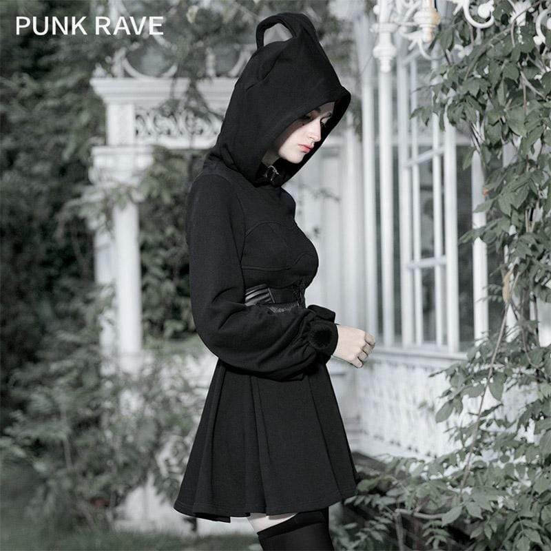 Gothic Dress Women Black Long Sleeve Zipper Hooded Punk Clothing Party  Dresses For Women Winter Sukienki Darkness Streetwear