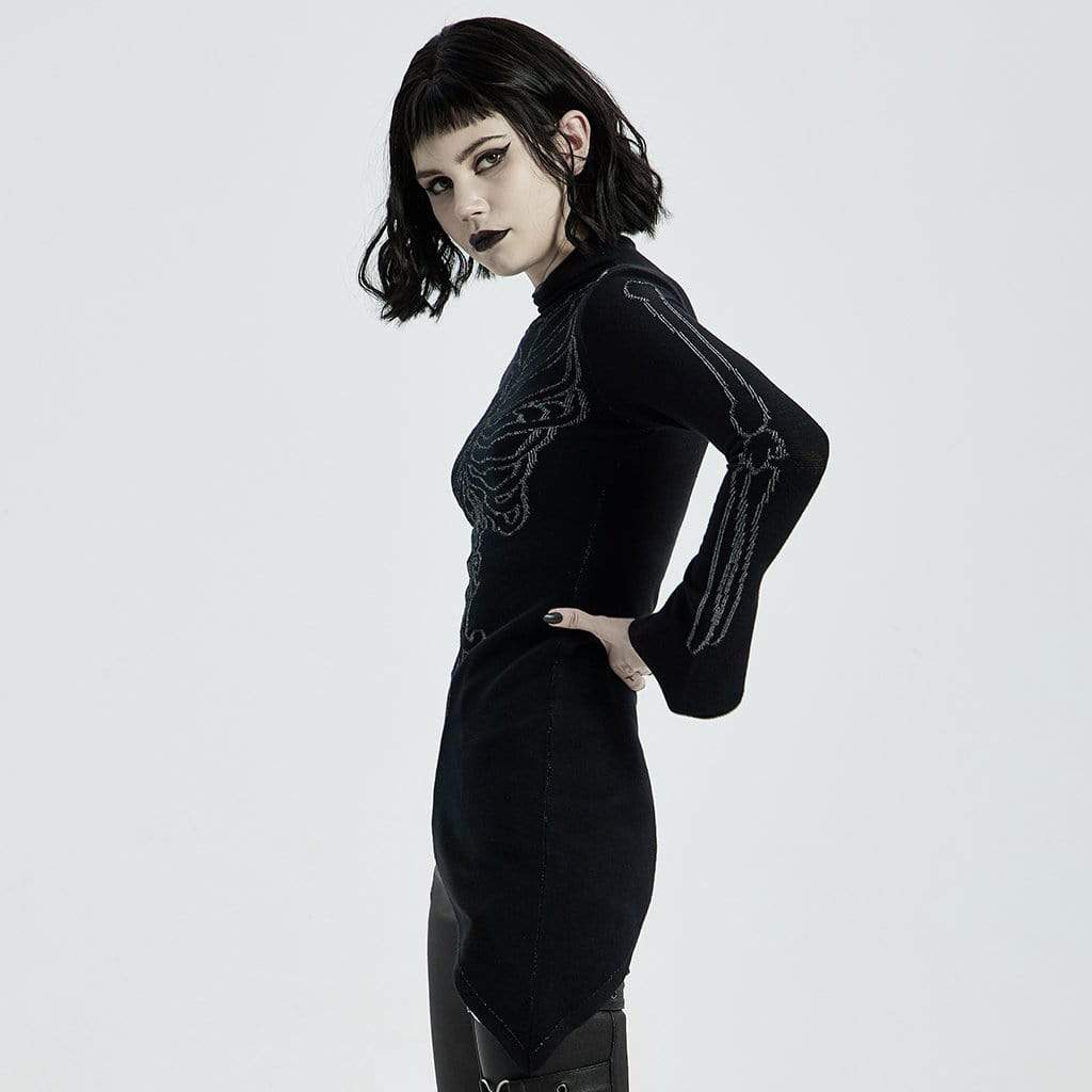 Women's Gothic Skull Black Asymmetric Sweater Halloween Costume