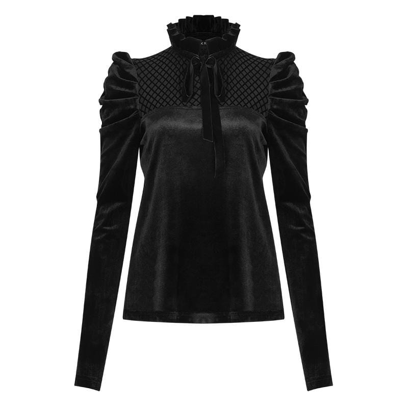 Women's Gothic Stand Collar Lace-up Leg-of-mutton Sleeved Velvet Tops
