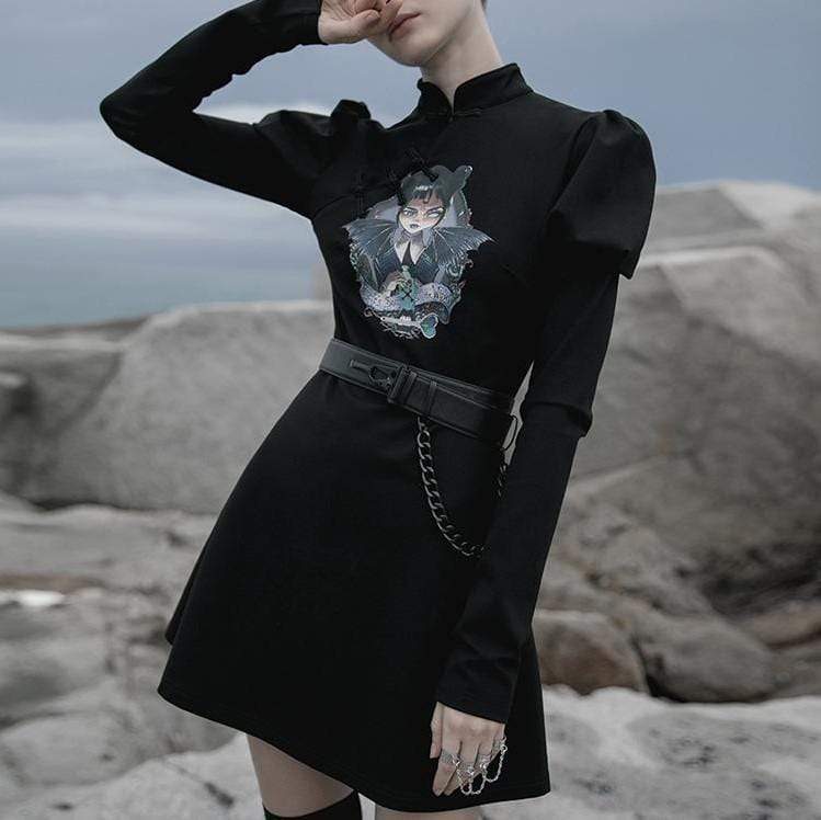 Women's Gothic Stand Collar Long Puff Sleeved Printed Frog Dresses