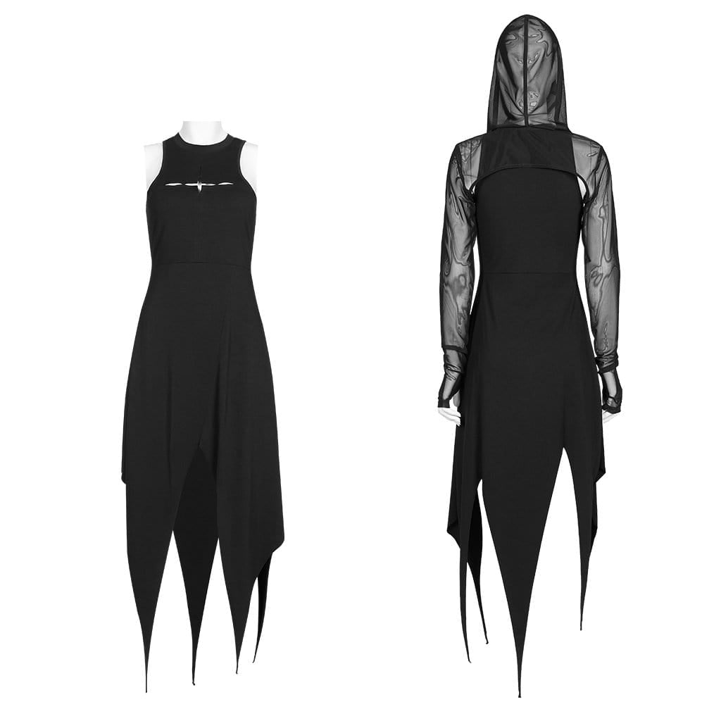 Women's Gothic Two-piece Irregular Long Sleeved Mesh Dresses with Hood