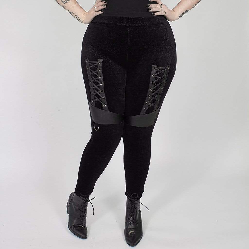 Women's Plus Size Gothic Black Faux Leather Leggings with Embroidered  Details