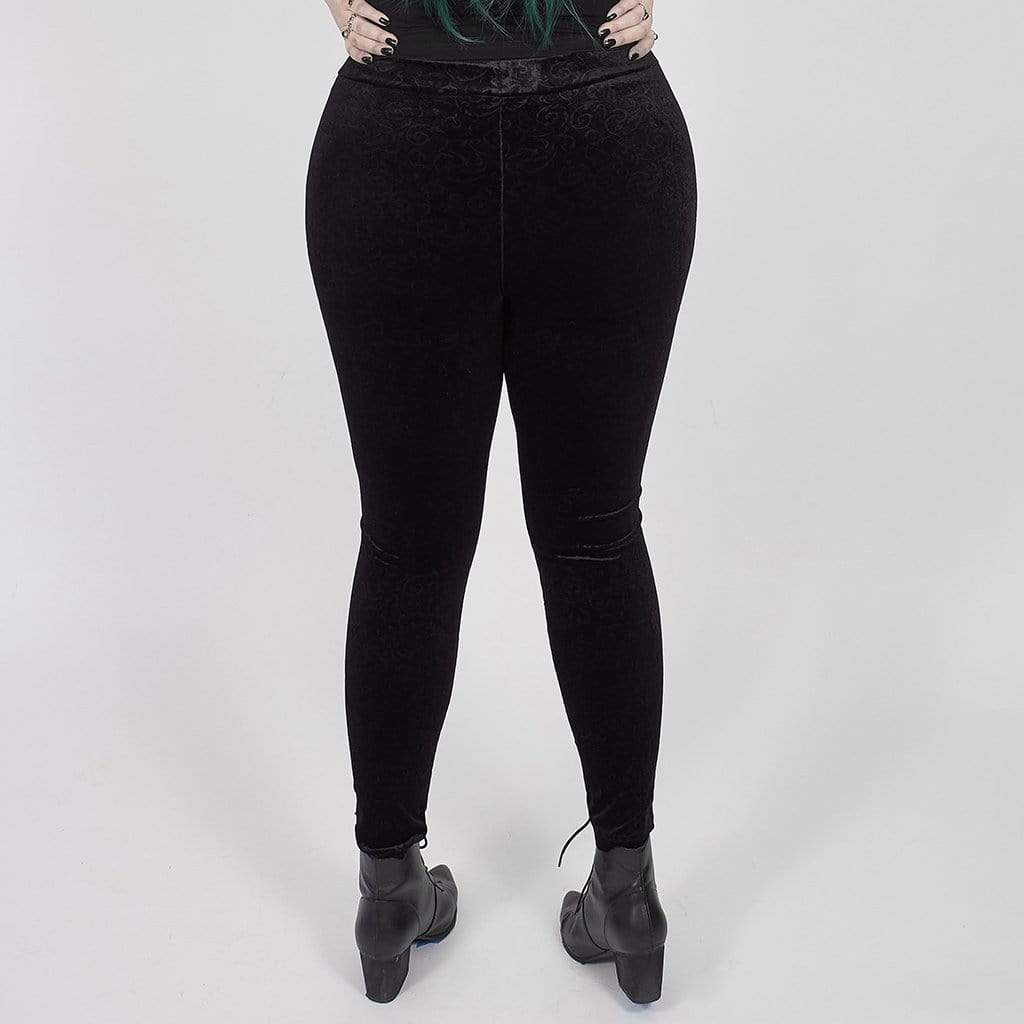 Women's Plus Size Gothic Velvet Jacquard Leggings with Faux Leather Details