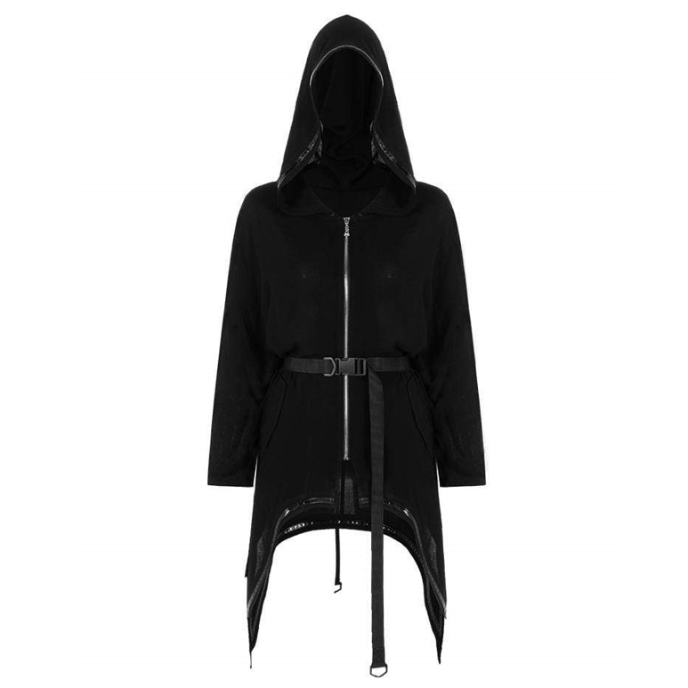 Women's Gothic Zipper Fly Irregular Hem Hooded Coats With Buckle Belt