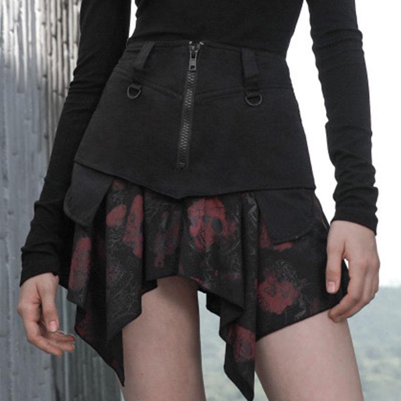 Women's Gothic Zippered Double Layered Asymmetrical Hem Skirts