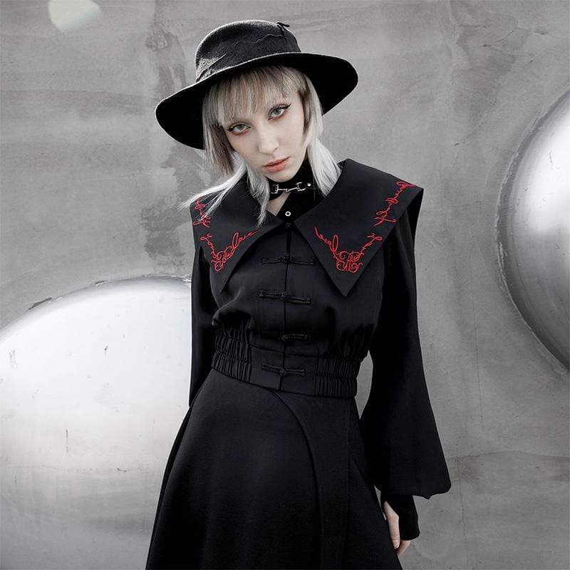 Women's Grunge Embroideried Large Lapel Chinese Buckles Flare Sleeve Jackets