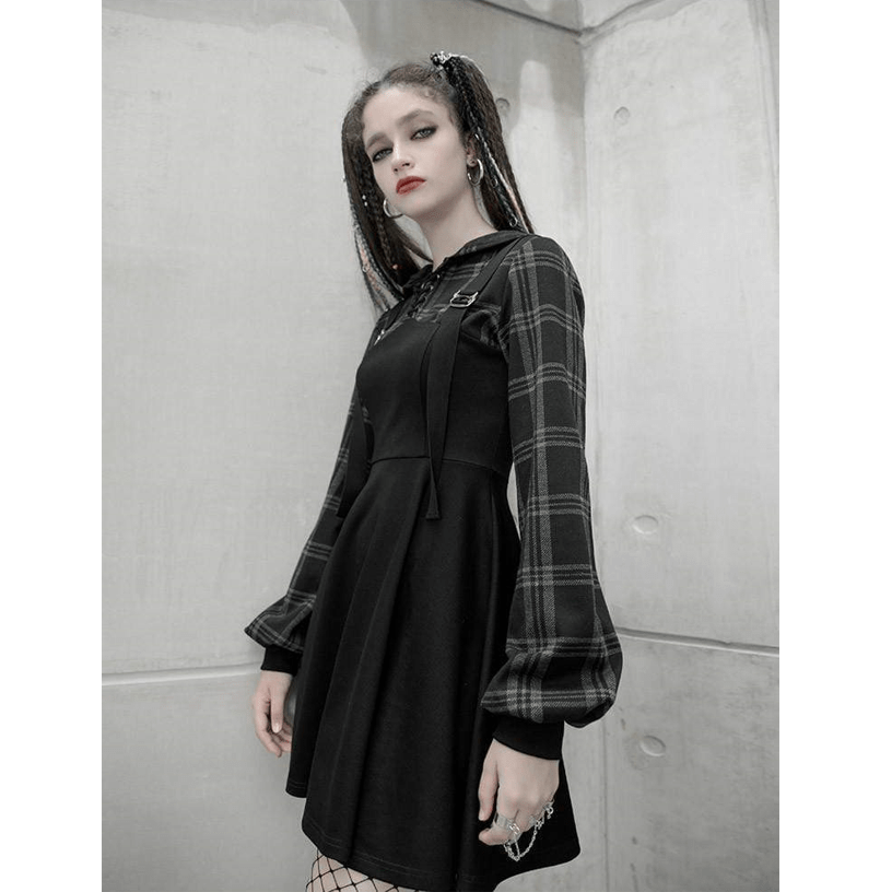 Women's Grunge False Two Pieces Hoodied Plaid Overall Dresses