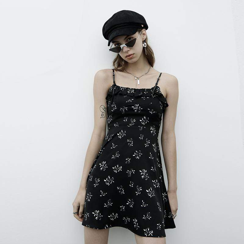 Women's Grunge Floral Black Slip Dress